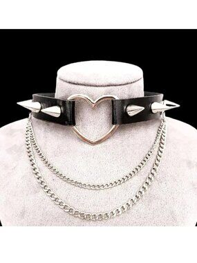 Leather Choker Spike Collar Heart Harness Edgy Bondage Chains Cosplay Sexy Neck